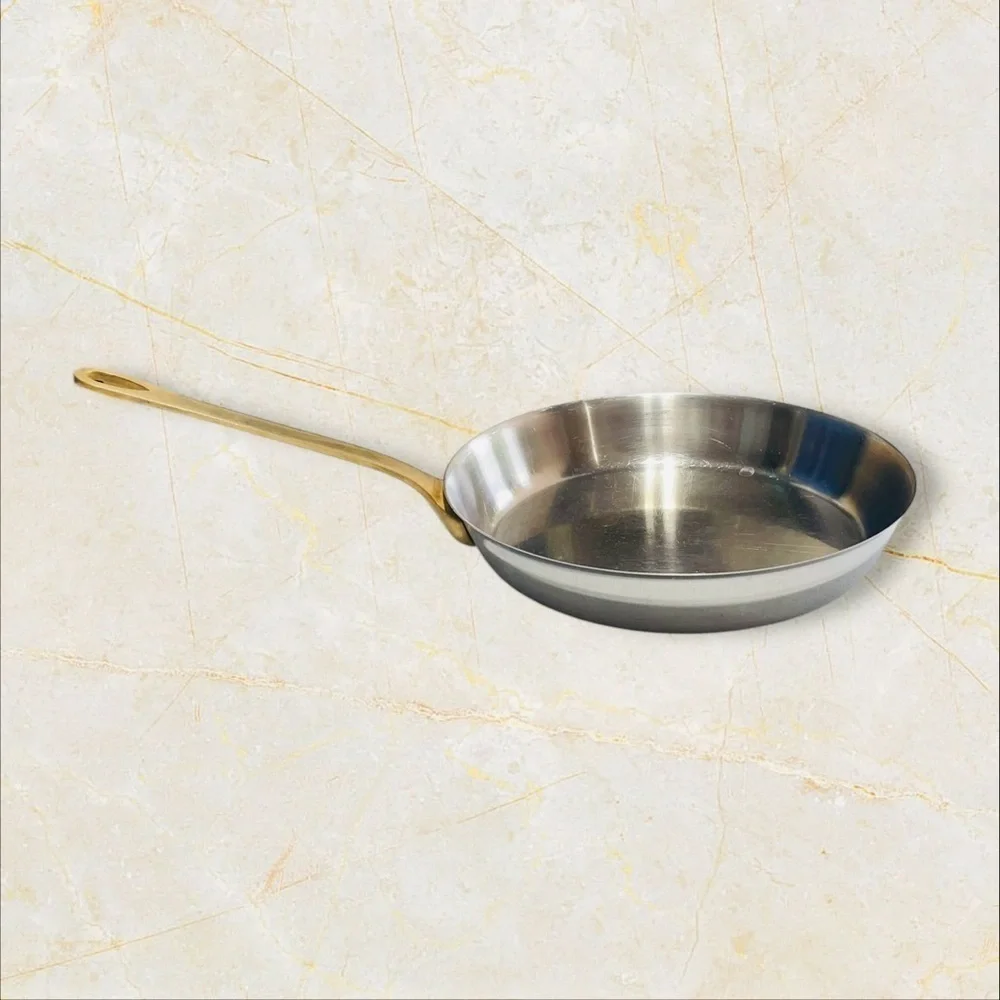 VTG Frying Pan 11” Stainless Steel Brass Handle Heavy - Great!